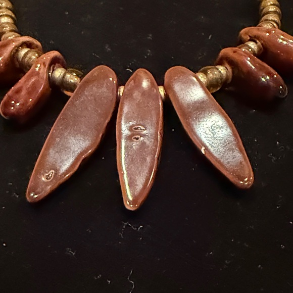 Brown and Gold Toned Mixed Material Choker Necklace - Picture 11 of 14